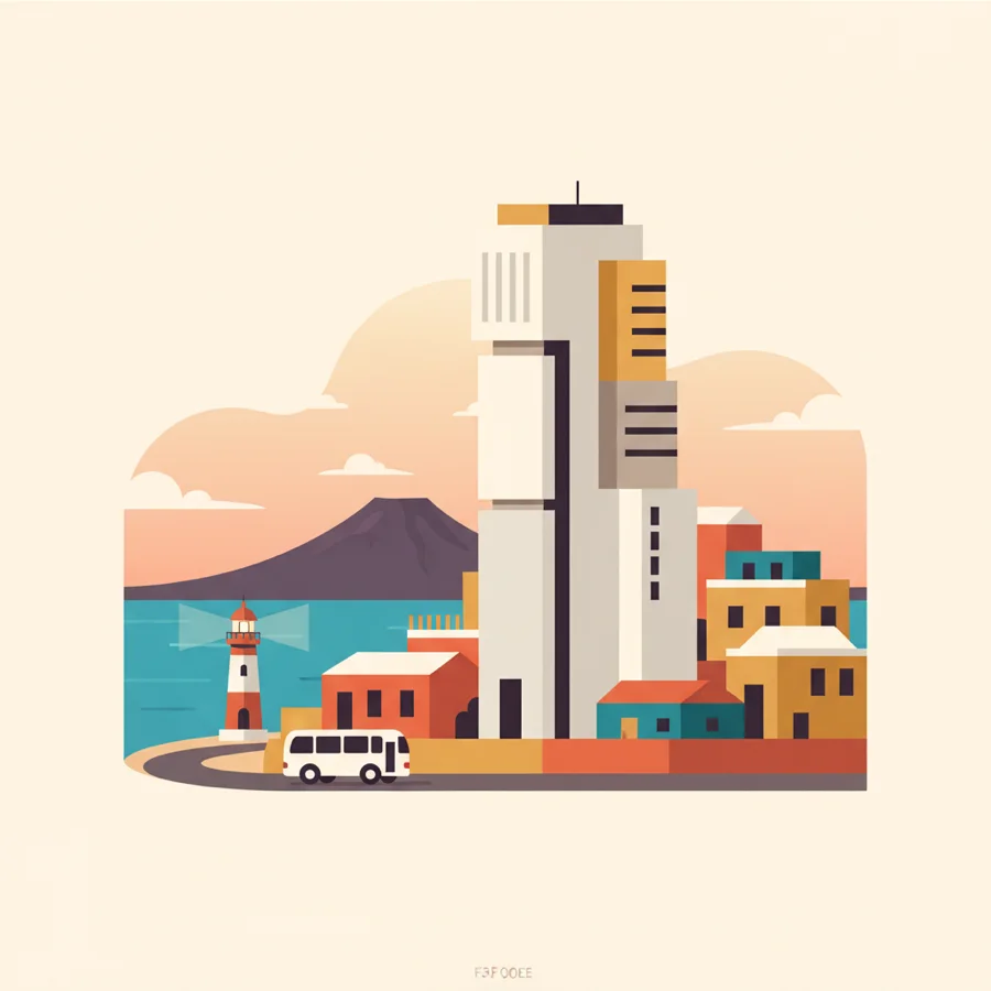 Illustration: the FRESKU tower among the houses of Praia, with the lighthouse and the sea